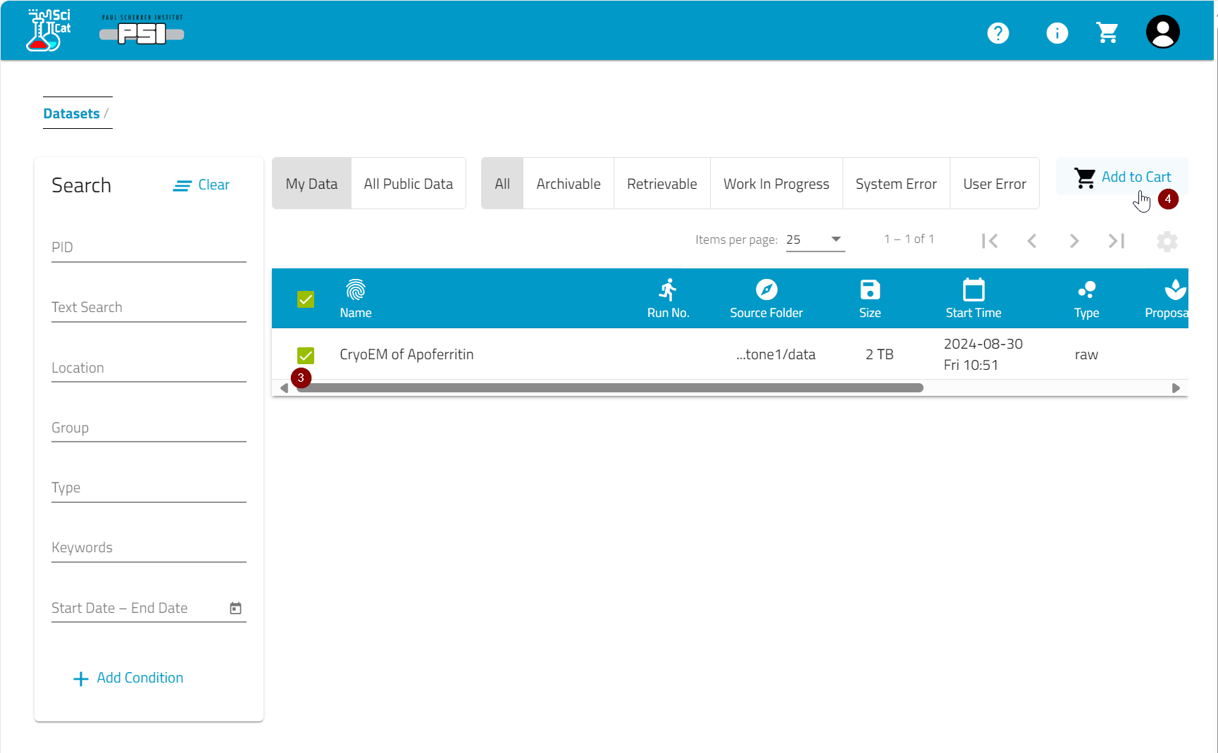 SciCat Select Dataset and add to Cart
