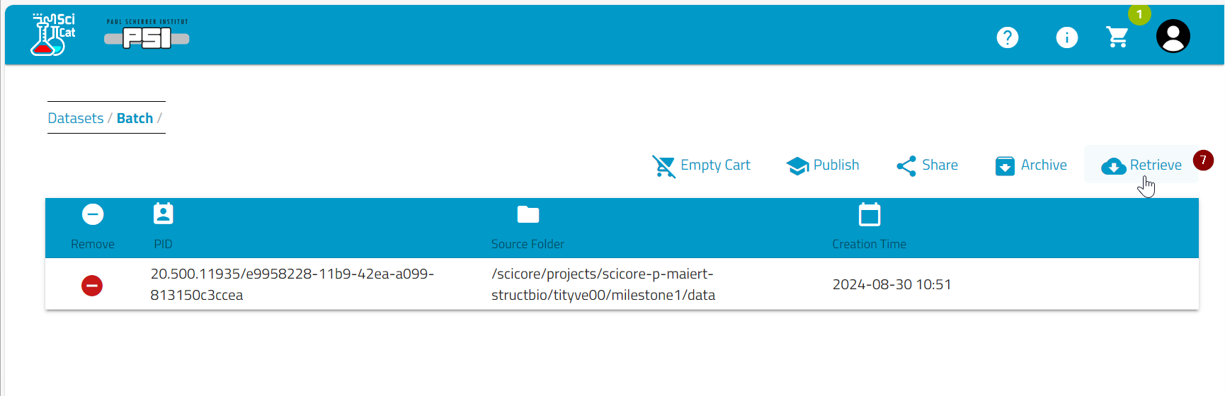 SciCat Select Dataset in Cart